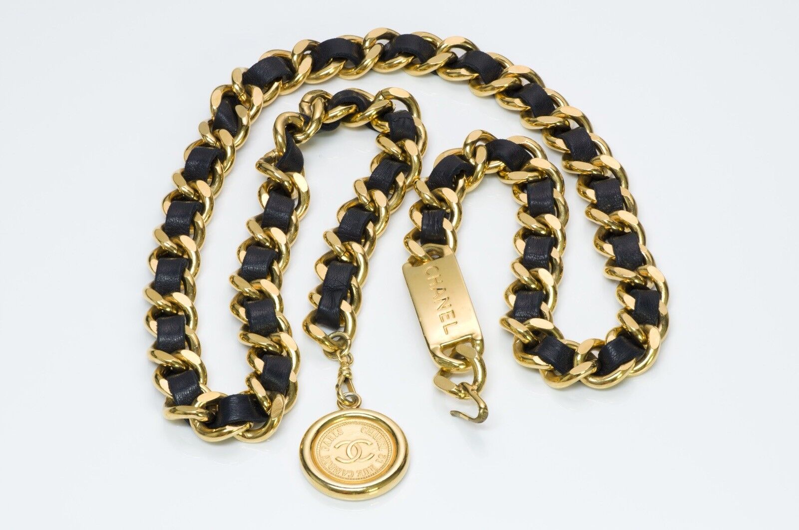CHANEL CC Gold Plated Chain Black Leather Medallion Belt | eBay