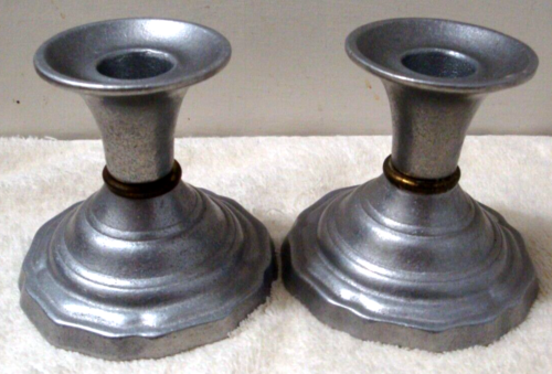 Pair Wilton Armetale RWP Queen Anne Candle Holder Brass Ring Stem made in PA USA