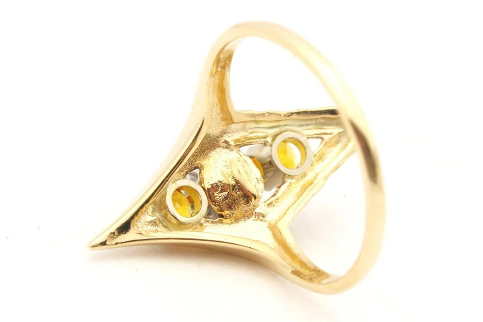 14k yellow gold three stone ring diamond golden sapphire size 7.5 3.46g vintage Foto 3 de 4