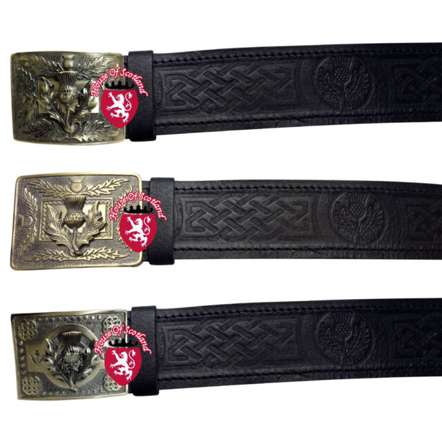 Real Leather Kilt Belt Thistle Embossed with Scottish Celtic Thistle Knot Buckle