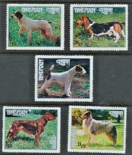 DOGS Bhutan 1973 Mint NH Setof 5 Domestic dog Breeds Collie Irish Setter Pointer