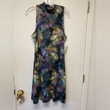 NWT Karen Kane Sleeveless Mock Neck Dress Zipper Feather Print Fall OFFICE