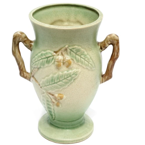 Vintage Acorn Motif Arts & Crafts 6.75" Tall Pottery Vase Matte Green and Brown