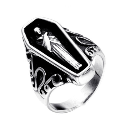 Gothic Vampire Earl Skull Coffin Ring Stainless Steel Vintage Biker Hiphop Ring