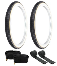 PRO+ BICYCLE TIRES 26 x 2.125 WHITEWALL YELLOW LINE DIAMOND W/TUBES & RIM STRIPS