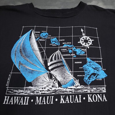 Vtg 80s Hawaii Sailboat Nautical Map Maui  Kauai Kona Single Stitch Shirt Size L