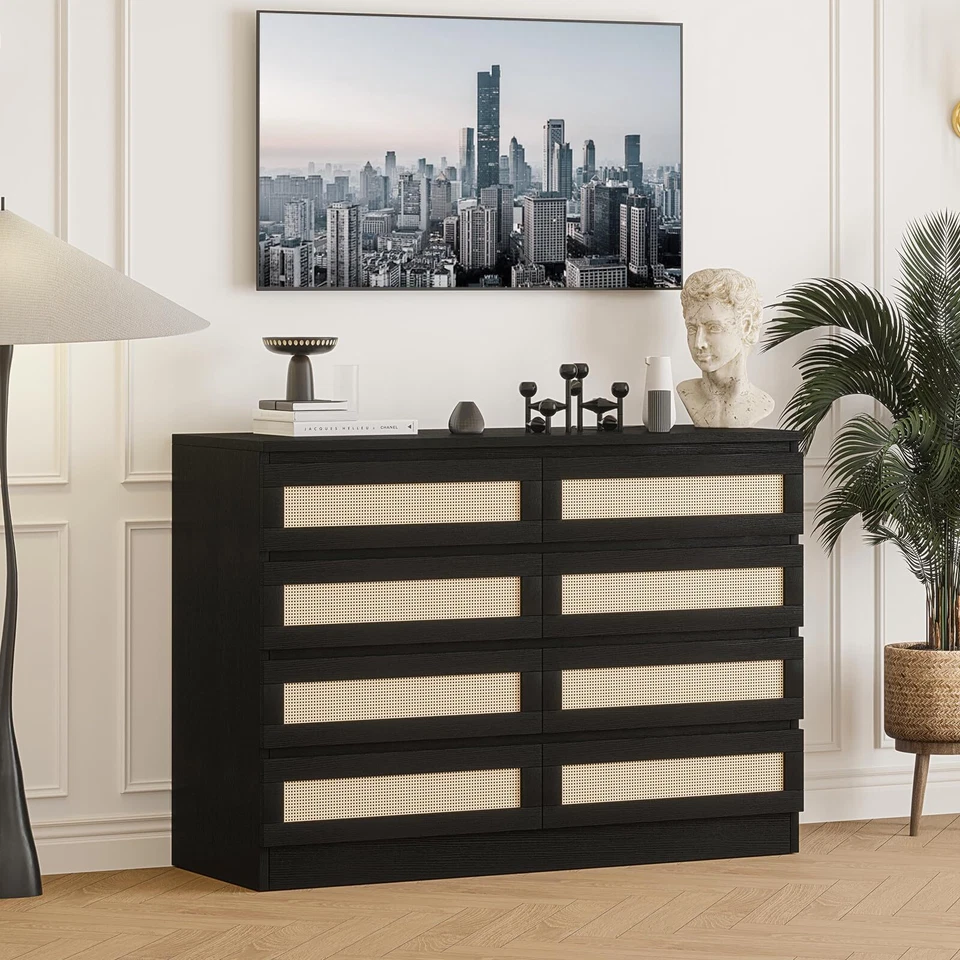 Cómoda doble de 8 cajones para dormitorio de ratán moderna de madera Foto 3 de 4