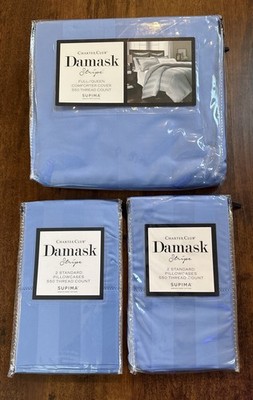 Charter Club Damask Stripe 550 TC F/Queen Comforter Cover & Pillowcases Sky Blue