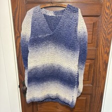 Vintage Handknit Men s Wool Sweater Size XL Blue White Chunky Knit Grandpa