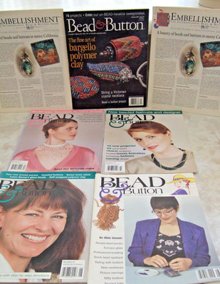 5 BEAD & BUTTON MAGAZINES  ISSUES 1990s-2000 & 2 Bead Embellishments Inserts