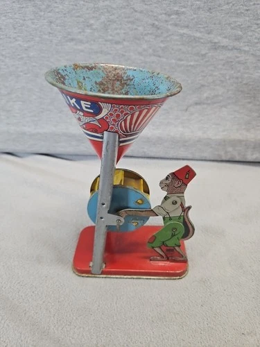 J. Chein & Co. "Busy Mike" Sand Toy With Monkey  -  Tin 7" Tall T12