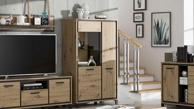 Vitrine Highboard Schrank Trondheim in Artisan Eiche und Schwarzeiche 102 cm