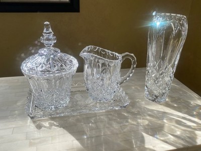 Vintage Cut Crystal  Sugar Bowl With Lid, Creamer, Tray, and Bud Vase