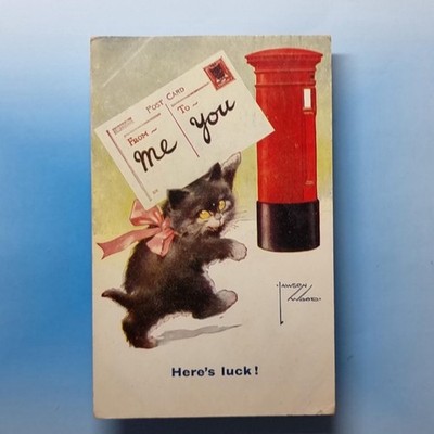 Comic Postkarte Postkarte 1936 Black Cat Postbox Künstler signiert Lawson Wood