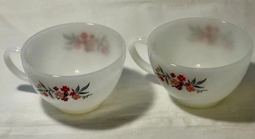Fire King Primrose Milk Glass Tea Cups Set of 2 Anchor Hocking Floral Vintage