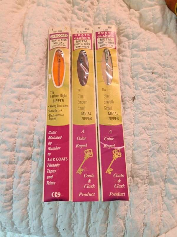 NOS Lot 3 Vintage Coats & Clark Metal Zippers. Two 9" & One 7" Ecru/Tango/Dk Brn