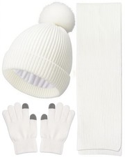Wandx Kids Winter Hat Gloves Scarf Set Children Pompom Knit One Size, Beige