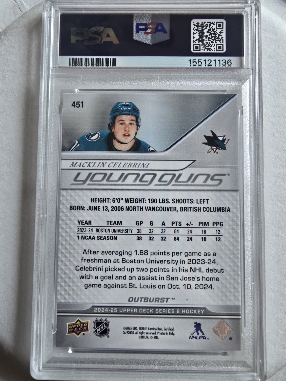 🔥💎🔥2024 Upper Deck Series 2 Young Guns Outburst Macklin Celebrini PSA 9 MINT  view 2