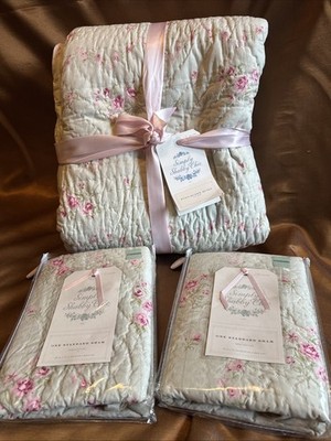Rachel Simply Shabby Chic 3pc Green Patchwork Pink Floral Quilt Sham- Full/Queen
