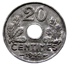 FRANCE VICHY FRENCH STATE 1942 20 CENTIMES, WWII COINAGE, ZINC Better Grade