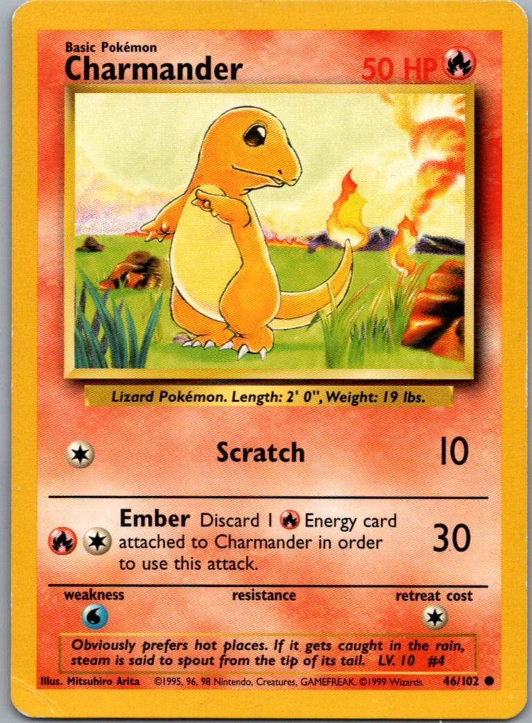 Charmander 46/102 Common Base Set Unlimited Pokemon Moderately Played 1