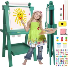Foldable children's easel with paper roll and 84 accessories, green.