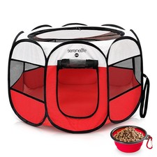 SERENELIFE MEDIUM FOLDABLE PET PLAYPEN FOR DOGS  CATS - PORTABLE 8-PANEL - RED
