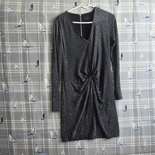 FOREVER 21 Gray Ruched Knit Bodycon Dress Long Sleeve V-Neck Knee Length M