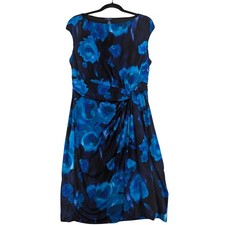 Chaps Blue Black Floral Sleeveless Knee Length Dress XL Boat Neck Twist Front