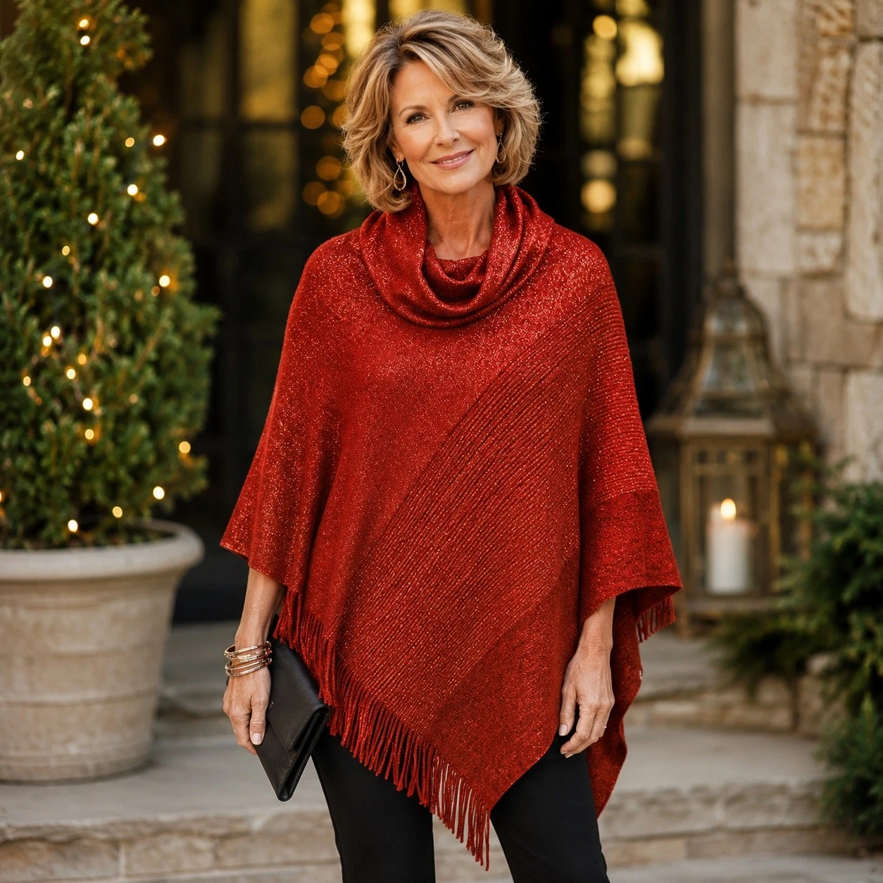 Chico's One Size Red Metallic Point Front Poncho Cowel Neck Asymmetrical Fringe