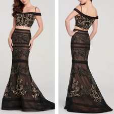 Ellie Wilde Mon Cheri Black and Gold 2 Piece Off Shoulder Mermaid Formal Dress