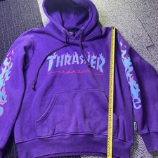 Y2k Thrasher Hoodie Mens Medium Sweater Sweatshirt Blue Flames Long Sleeve Purp