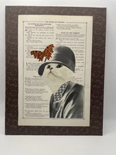 White Cat Collage Art, Butterfly Crown - Vintage Poetry Book Page