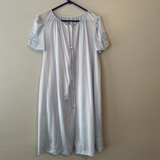 Vintage Lorraine Light Blue Nylon Robe Button Front Lace Cap Sleeve Small