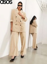 ASOS EDITION Women's Taupe Stripe Tailored Relaxed Wide Leg Trousers Beige Pants