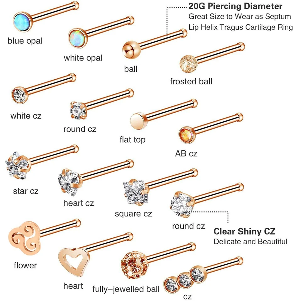 Kit de perforación corporal de hueso recto aro anillo nariz acero quirúrgico 30-46 piezas 20G Foto 2 de 4