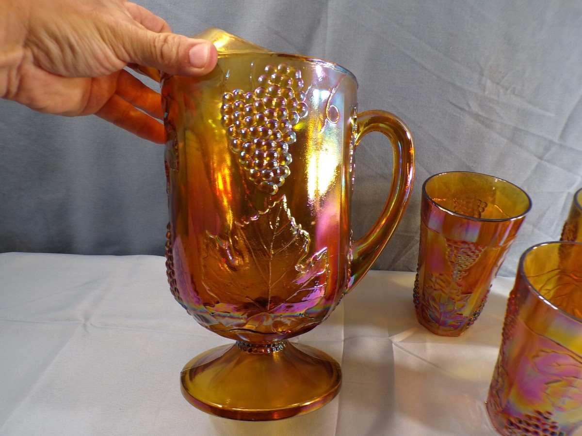 希少完全4セット！ゲーベル Goebel ミュシャ　四季☆花瓶 金採飾壺　ガラス Indiana Marigold Carnival Glass Grape Harvest Water Set Pitcher