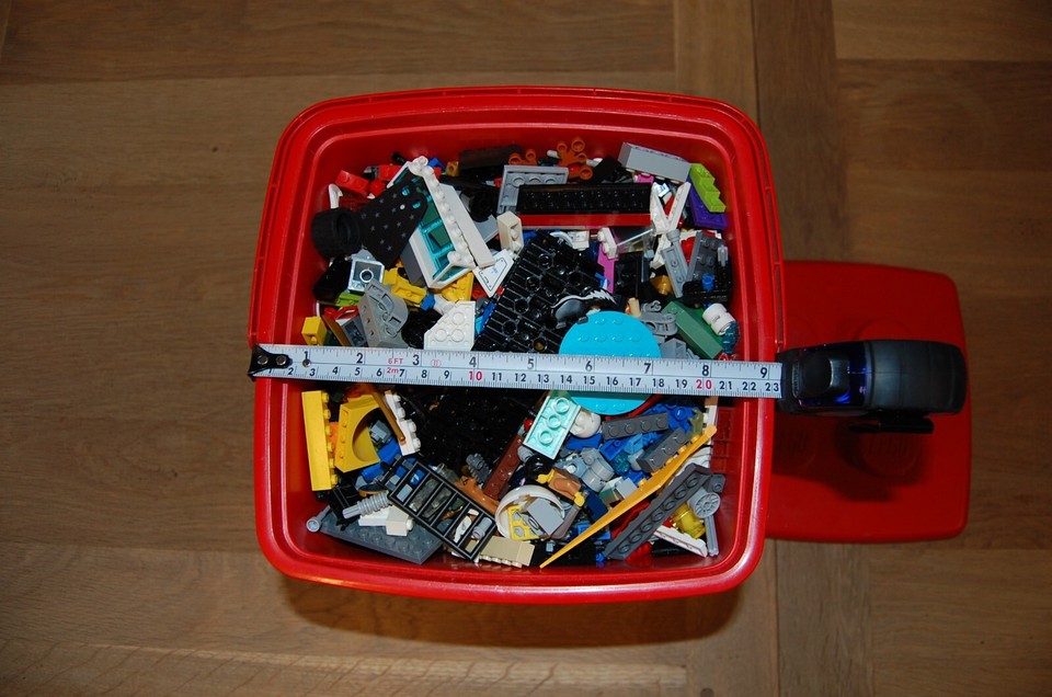 Vintage Lego storage box, red filled with assorted lego bundle, job lot