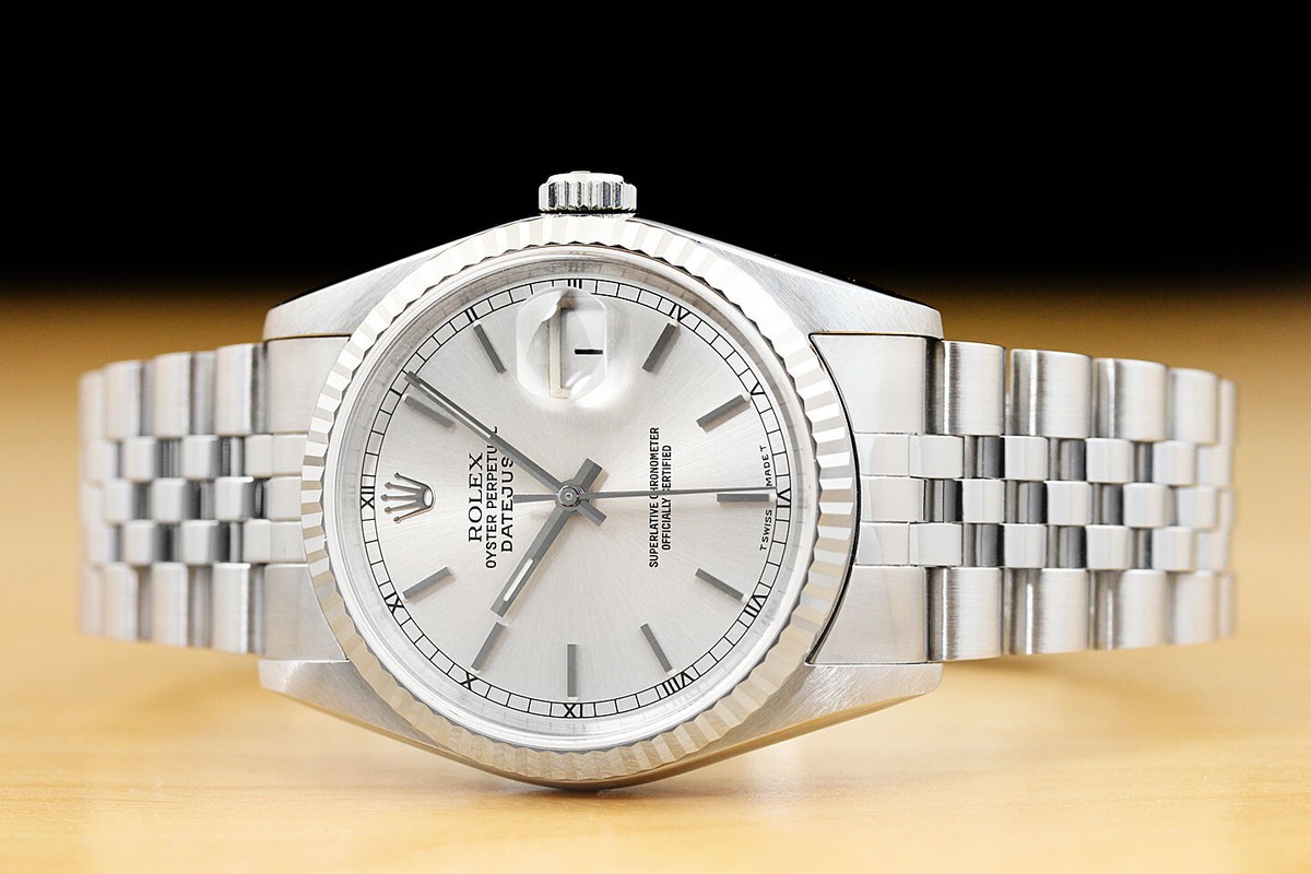 ROLEX MENS DATEJUST 16234 SILVER DIAL 18K WHITE GOLD STAINLESS