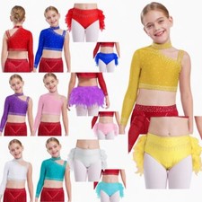 Kids Girls Dancewear Competition Set Ballroom Outfits Feather Briefs Costumes