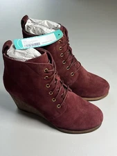 Diba Ankle Boots Womens 7 Blake Suede Wedge Bootie Burgundy Lace Up Round Toe