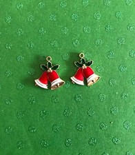 2 Gold Plated Red Enamel Twin Bells with Green Bow & Rhinestone Charms