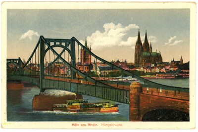 Cologne Germany Hängebrücke Suspension Bridge Rhine River DB Postcard c1910