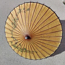 1920s Atq Asian Paper Parasol Hand-Painted Bamboo Birds Waxed Canopy Wood   