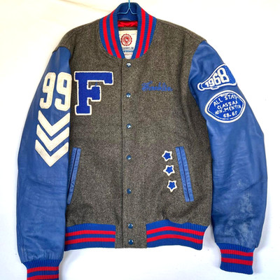 Vintage Franklin & Marshall 99 Varsity Jacket Grey Wool Blue Leather Sleeves XL