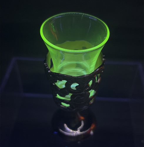 1930s Prohibition Era Vaseline Uranium Shot Glass 3.5" Metal Holder UV Glow HTF