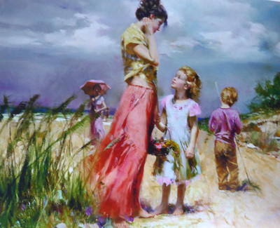 PINO Daeni Remember When Beach Ocean HAND SIGNED Canvas Large Mother & Children