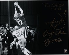 Montana & Clark 49ers Signed 16x20 Black & White Catch Photo w/Insc and Diagram