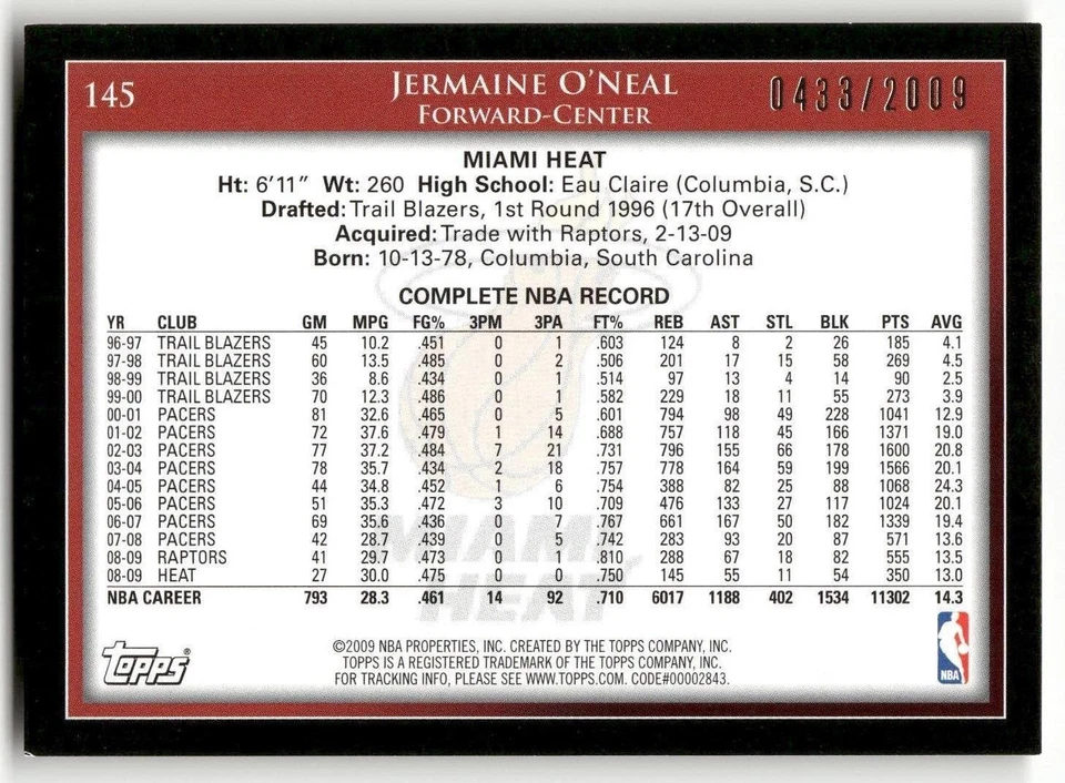 Jermaine O'Neal 2009-10 Topps Gold #145 SN Miami Heat - Image 2 of 2