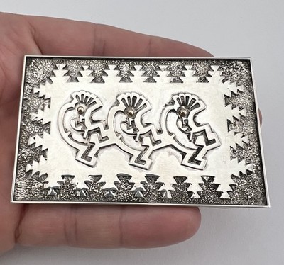 Vtg Navajo Sterling Silver & 14k Gold Kokopelli Overlay Belt Buckle 3 1/4'' -64g